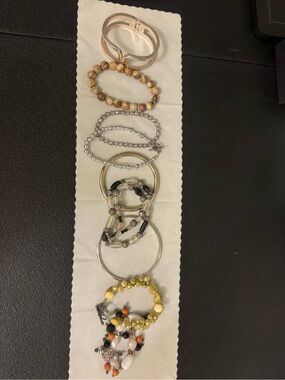Mixed Metal and Beaded Stackable Bracelet (9) Set in Gold, Silver, Black, Brown